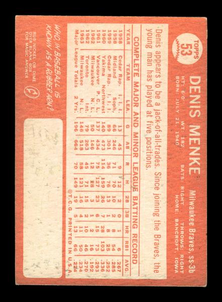 1964 Topps #53 Denis Menke Milwaukee Braves EX HOF-10005845