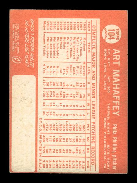 1964 Topps #104 Art Mahaffey Philadelphia Phillies EX HOF-10005881