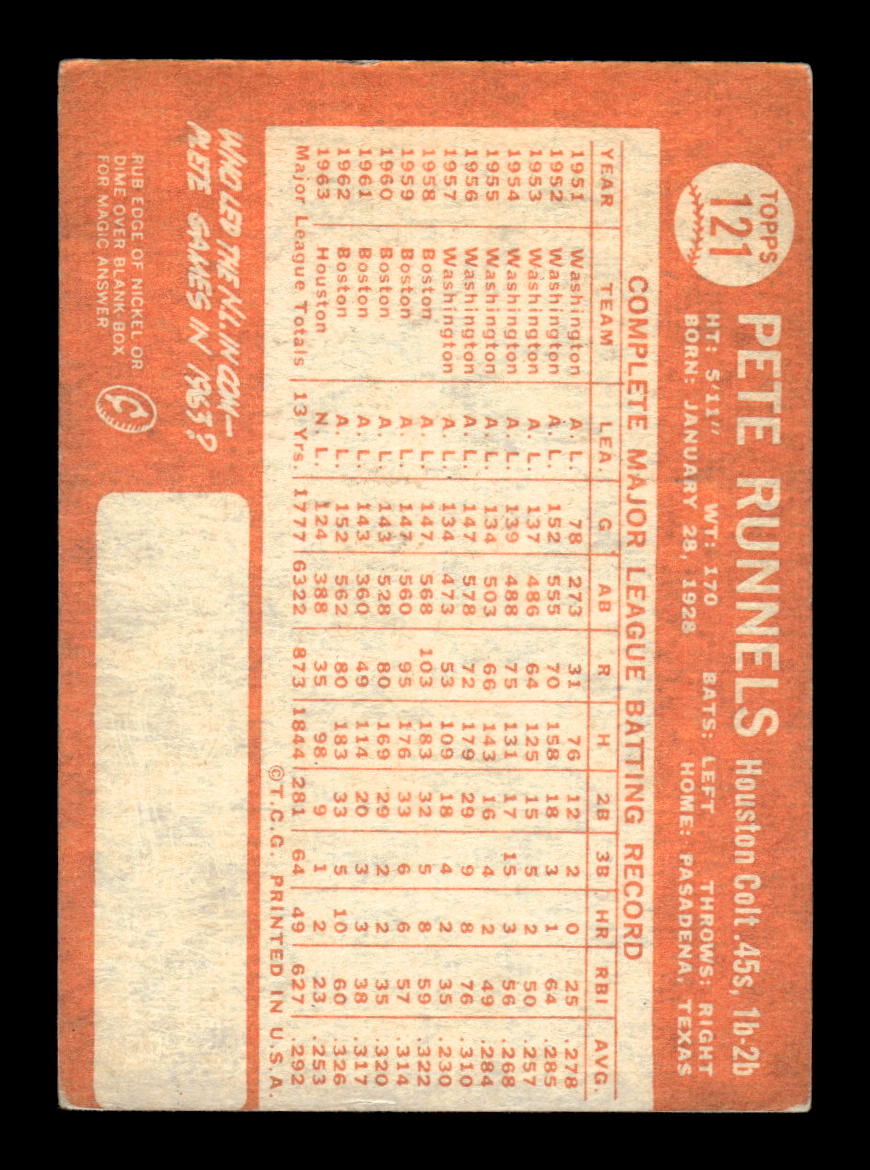 1964 Topps #121 Pete Runnels Houston Colt .45s EX HOF-10005893