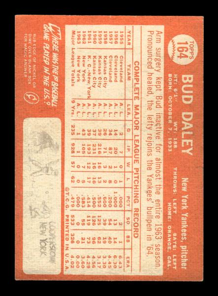 1964 Topps #164 Bud Daley New York Yankees EX HOF-10005927