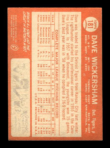 1964 Topps #181 Dave Wickersham Detroit Tigers EX HOF-10005939