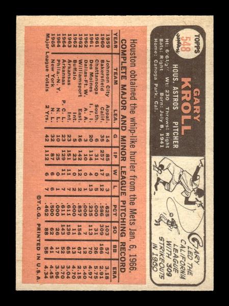1966 Topps #548 Gary Kroll Houston Astros EX - HI# HOF-10005986