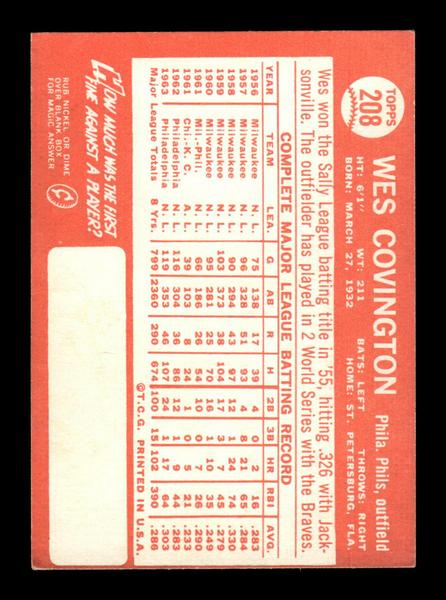 1964 Topps #208 Wes Covington Philadelphia Phillies EX HOF-10006009
