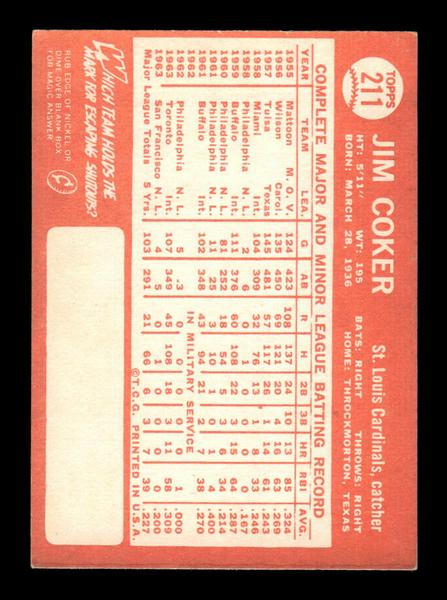 1964 Topps #211 Jim Coker St. Louis Cardinals EX HOF-10006011