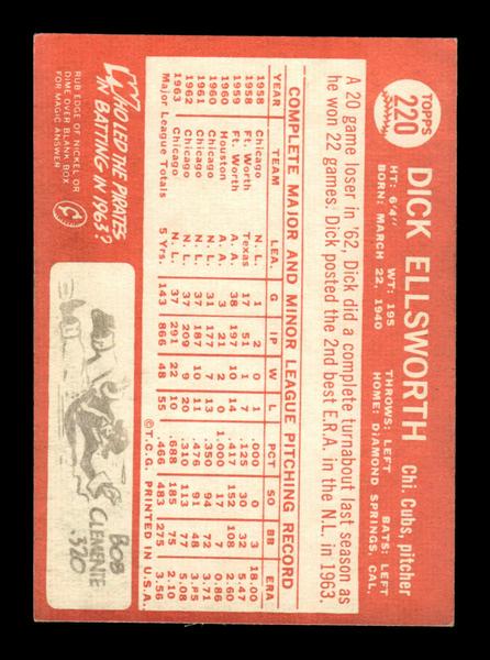 1964 Topps #220 Dick Ellsworth Chicago Cubs EX HOF-10006019