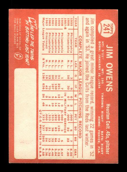 1964 Topps #241 Jim Owens Houston Colt .45s EX HOF-10006030
