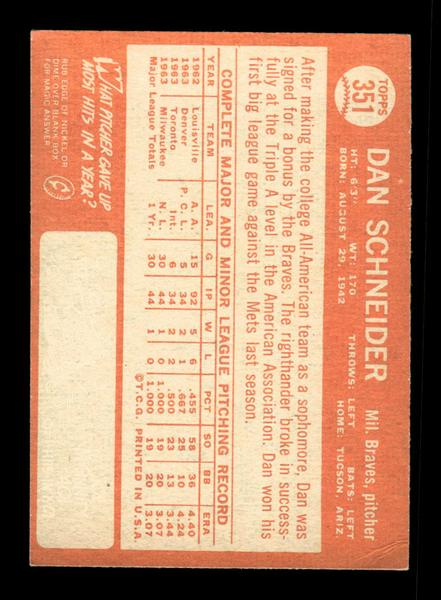 1964 Topps #351 Dan Schneider Milwaukee Braves EX HOF-10006112