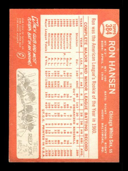 1964 Topps #384 Ron Hansen Chicago White Sox EX HOF-10006137