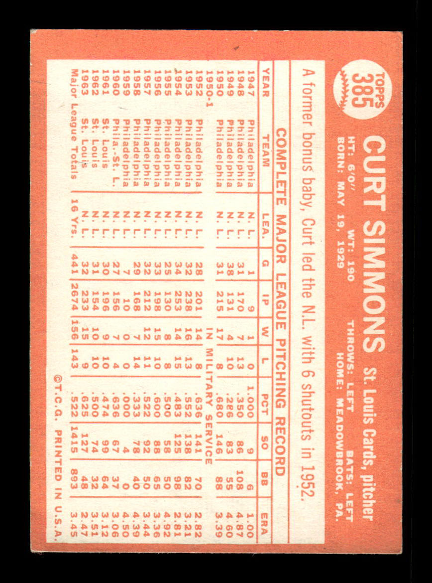 1964 Topps #385 Curt Simmons St. Louis Cardinals EX HOF-10006138