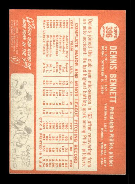 1964 Topps #396 Dennis Bennett Philadelphia Phillies EX HOF-10006145