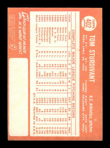 1964 Topps #402 Tom Sturdivant Kansas City Athletics EX HOF-10006150