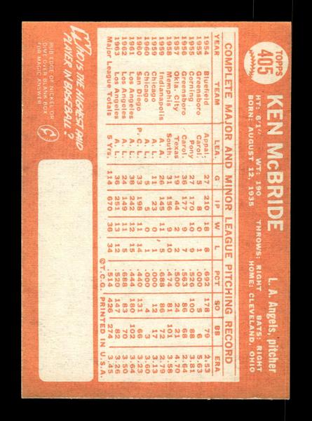 1964 Topps #405 Ken McBride Los Angeles Angels EX HOF-10006152