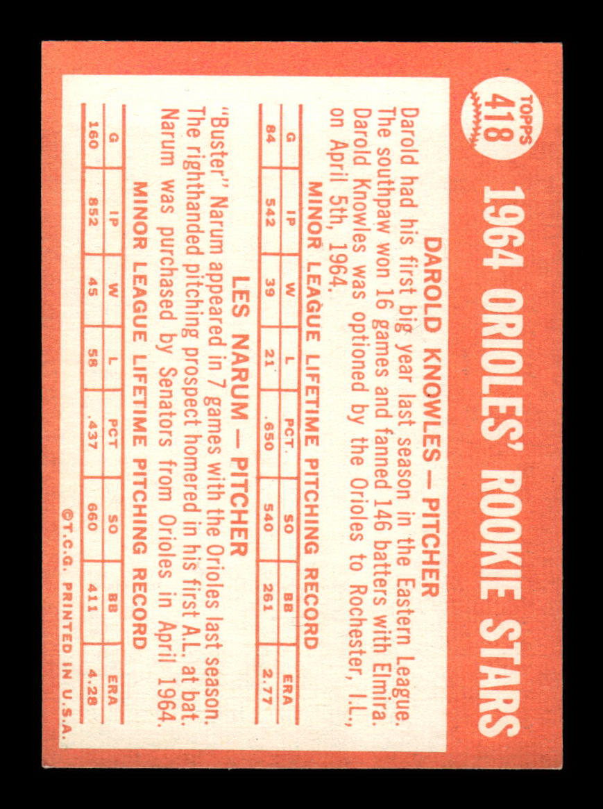 1964 Topps #418 Orioles 1964 Rookie Stars Knowles Narum EX HOF-10006163