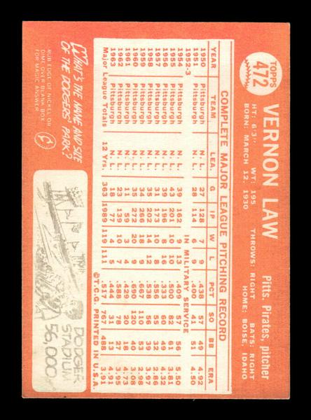 1964 Topps #472 Vern Law Pittsburgh Pirates EX HOF-10006196