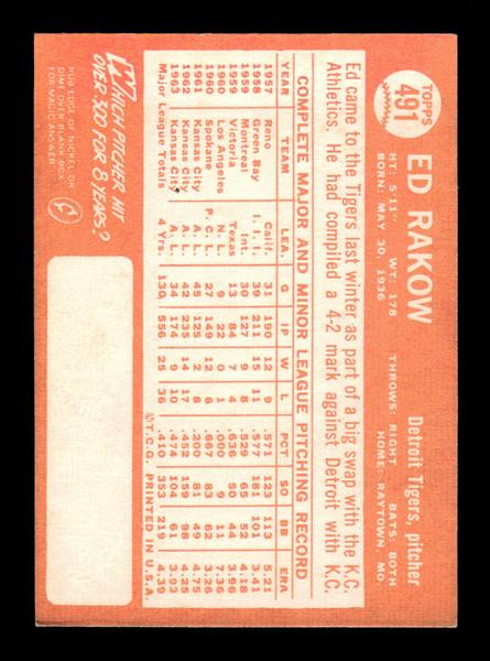 1964 Topps #491 Ed Rakow Detroit Tigers EX HOF-10006201