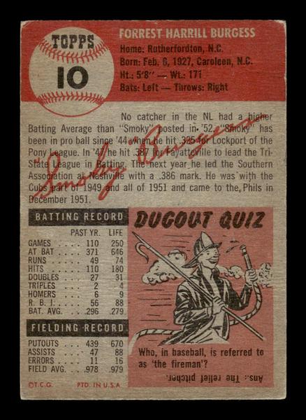 1953 Topps #10 Smoky Burgess Philadelphia Phillies Crease Free EX HOF-10006297