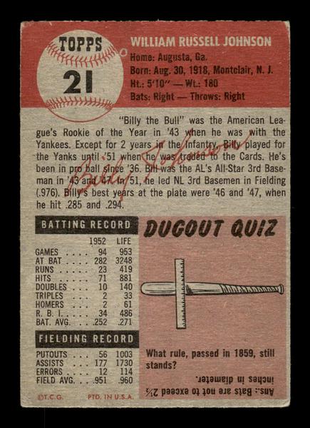 1953 Topps #21 Billy Johnson St. Louis Cardinals Crease Free EX HOF-10006308