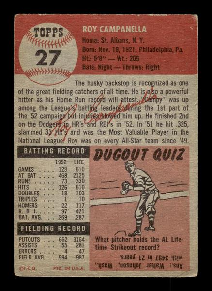 1953 Topps #27 Roy Campanella Brooklyn Dodgers VGEX HOF-10006314