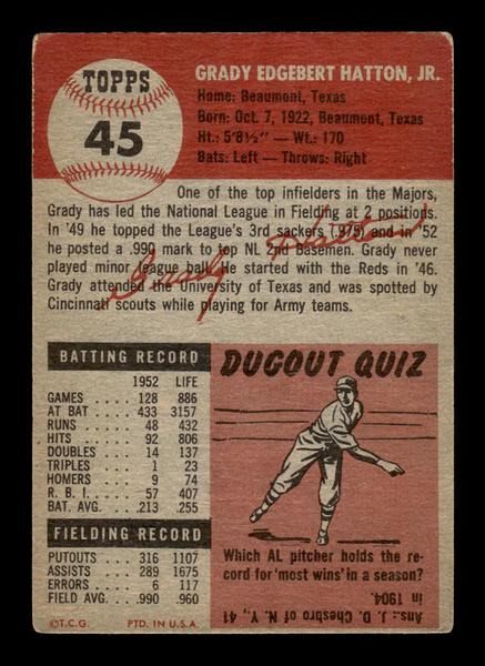 1953 Topps #45 Grady Hatton Cincinnati Reds Crease Free EX HOF-10006332