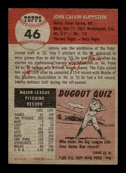 1953 Topps #46 Johnny Klippstein Chicago Cubs Crease Free EX HOF-10006333