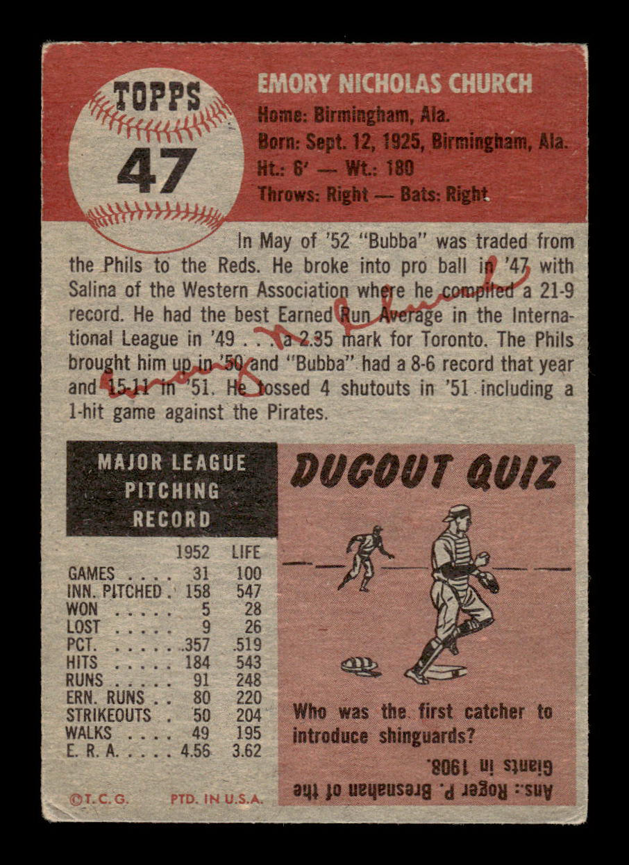 1953 Topps #47 Bubba Church Cincinnati Reds Crease Free EX HOF-10006334