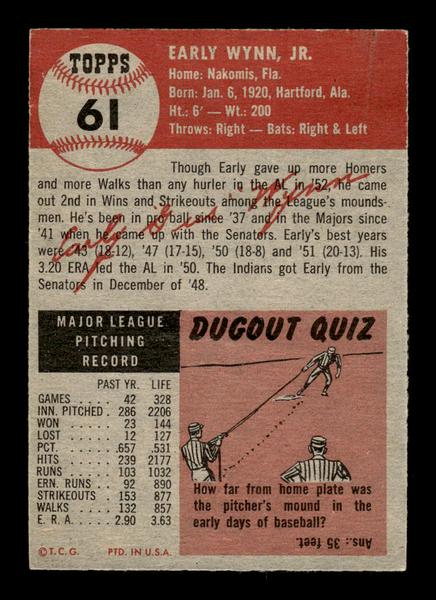 1953 Topps #61 Early Wynn Cleveland Indians Crease VG HOF-10006348