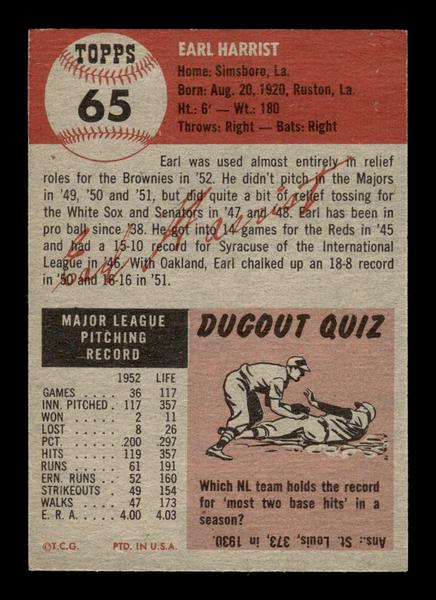 1953 Topps #65 Earl Harrist St. Louis Browns Crease Free EX HOF-10006352