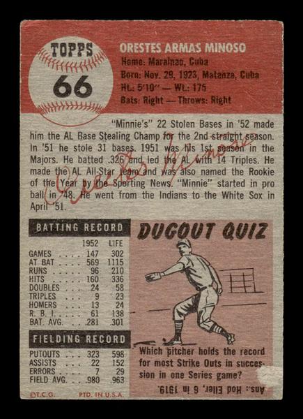 1953 Topps #66 Orestes Minoso Chicago White Sox VGEX HOF-10006353