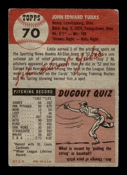 1953 Topps #70 Ed Yuhas St. Louis Cardinals Crease Free EX HOF-10006356