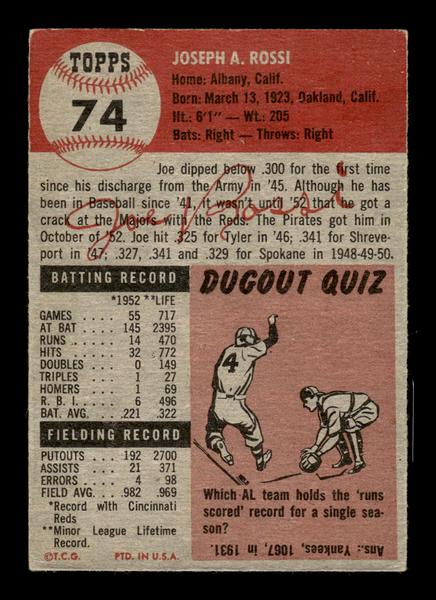1953 Topps #74 Joe Rossi Pittsburgh Pirates Crease Free EX HOF-10006360