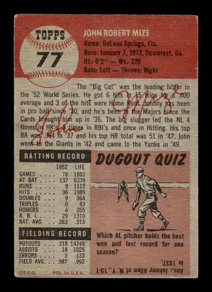 1953 Topps #77 Johnny Mize New York Yankees Crease Free VGEX HOF-10006363