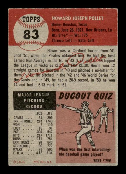1953 Topps #83 Howie Pollet Pittsburgh Pirates Crease Free EX HOF-10006368