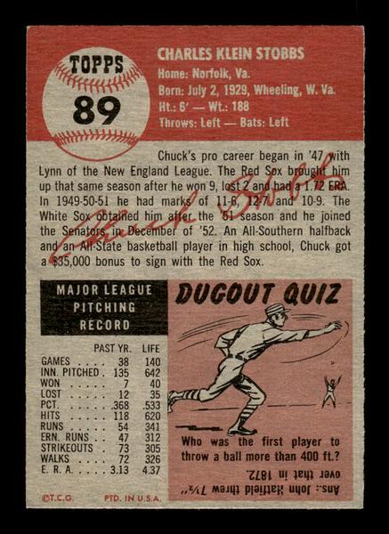 1953 Topps #89 Chuck Stobbs Washington Senators Crease Free EX HOF-10006374
