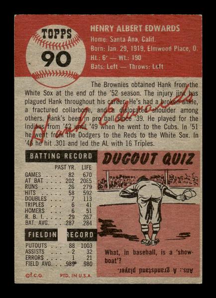 1953 Topps #90 Hank Edwards St. Louis Browns Crease Free EX HOF-10006375