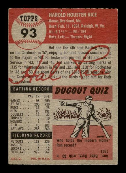 1953 Topps #93 Hal Rice Cardinals Crease Free pinhole HOF-10006378