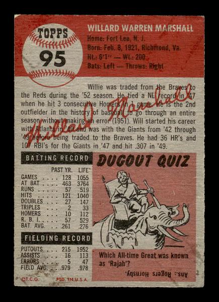 1953 Topps #95 Willard Marshall Cincinnati Reds Crease Free VG HOF-10006380