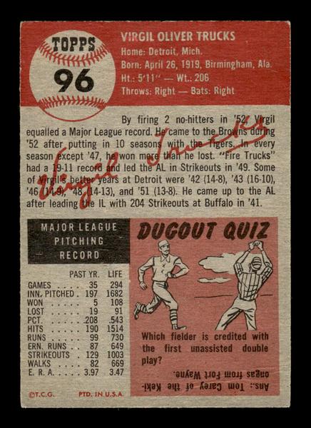 1953 Topps #96 Virgil Trucks St. Louis Browns Crease Free EX HOF-10006381