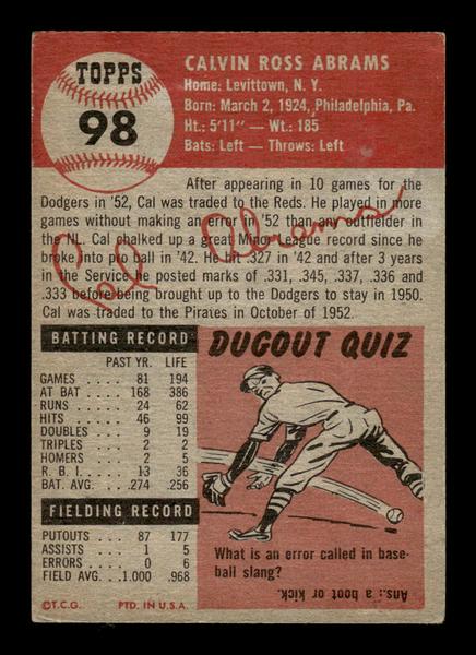 1953 Topps #98 Cal Abrams Pittsburgh Pirates Crease Free VGEX HOF-10006383