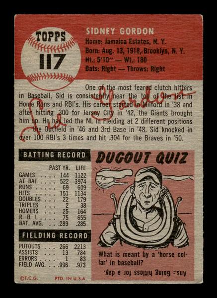 1953 Topps #117 Sid Gordon Boston Braves Crease Free EX HOF-10006402