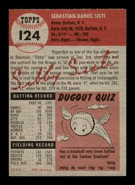 1953 Topps #124 Sibby Sisti Boston Braves Crease Free EX HOF-10006409