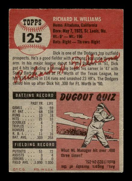 1953 Topps #125 Dick Williams Brooklyn Dodgers Crease Free EX HOF-10006410