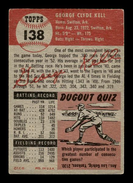 1953 Topps #138 George Kell Boston Red Sox Crease Free Tape HOF-10006423