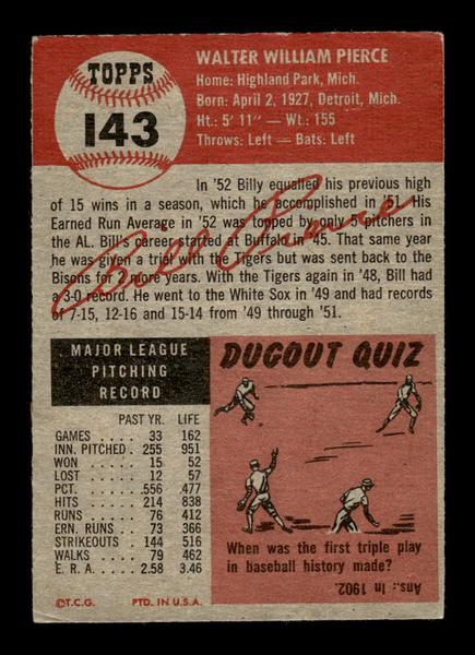 1953 Topps #143 Billy Pierce Chicago White Sox VG wrinkle HOF-10006428