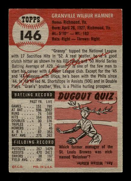 1953 Topps #146 Granny Hamner Philadelphia Phillies Crease Free EX HOF-10006431
