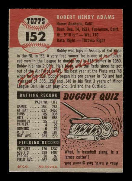 1953 Topps #152a Bobby Adams Cincinnati Reds Crease Free EX HOF-10006437