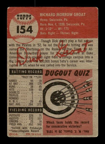 1953 Topps #154 Dick Groat Pittsburgh Pirates VG HOF-10006439