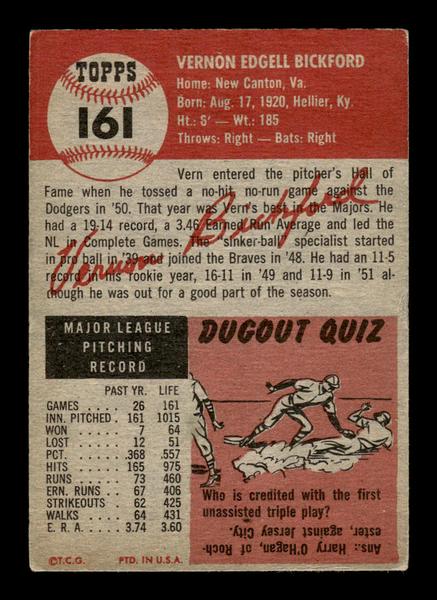 1953 Topps #161 Vern Bickford Boston Braves Crease Free EX HOF-10006446