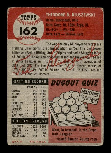 1953 Topps #162 Ted Kluszewski Cincinnati Reds VG HOF-10006447