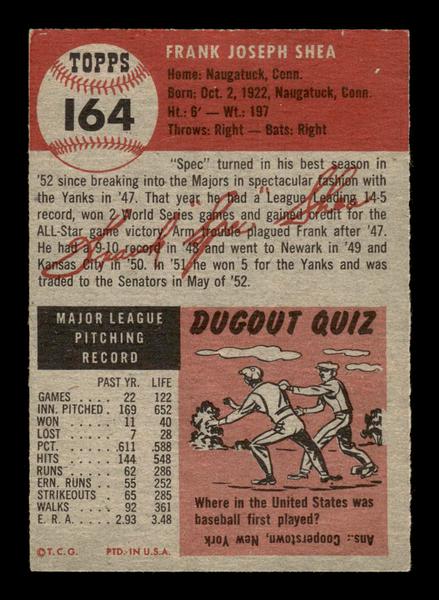 1953 Topps #164 Frank Shea Washington Senators Crease Free EX HOF-10006449