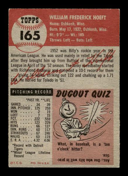 1953 Topps #165 Billy Hoeft Detroit Tigers Crease Free EX HOF-10006450